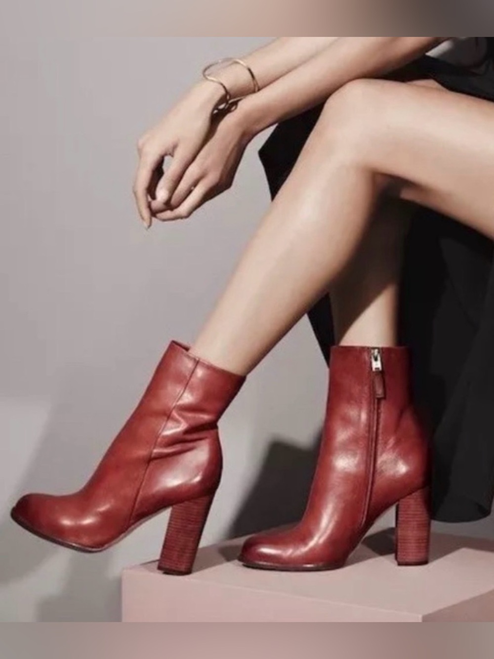 Sam Edelman Red Leather Ankle Booties with Stacked Heel